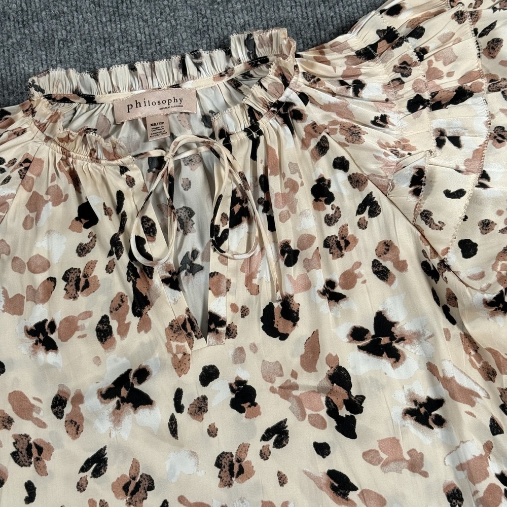 Philosophy Shirt Womens XS Cream Brown Black Flutter Sleeve Animal Print Blouse
